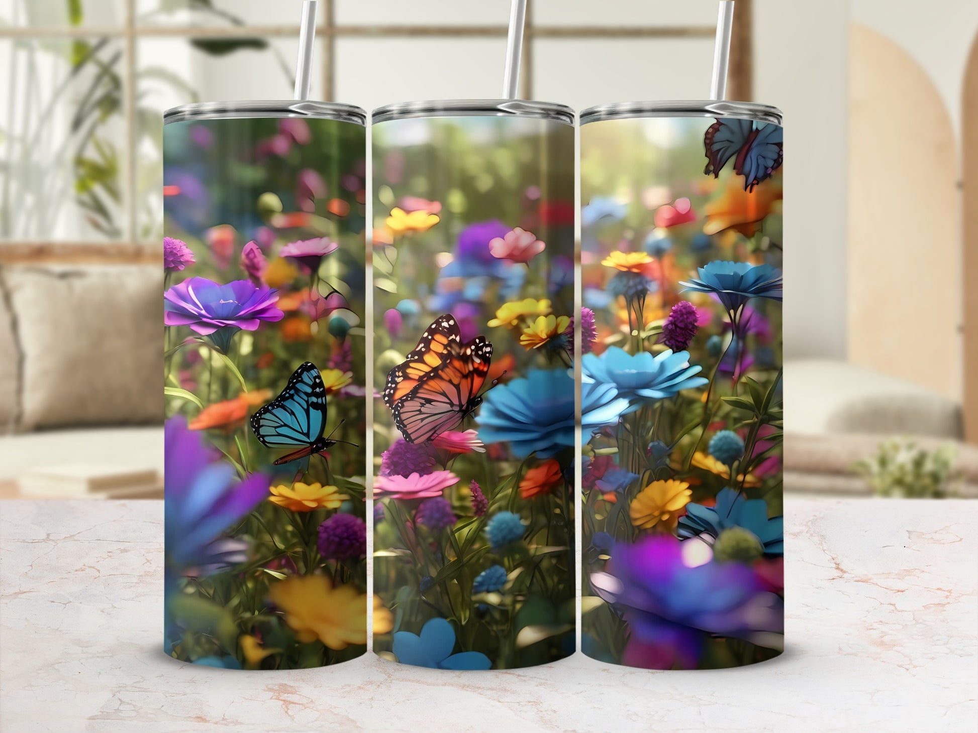 Vibrant Colorful Butterflies Flowers Garden Tumbler