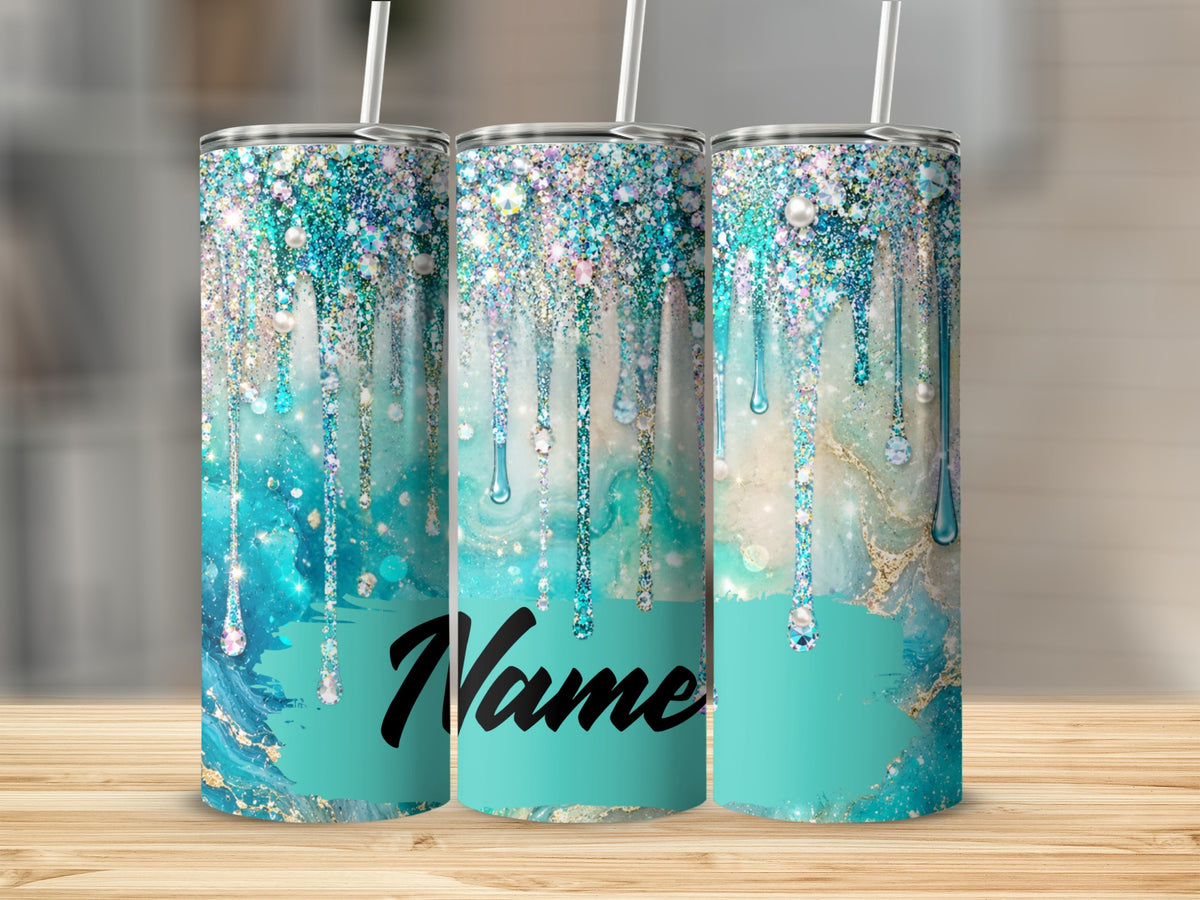 Three tumblers with dripping glitter, pearl, and gem design, with "Name" text.