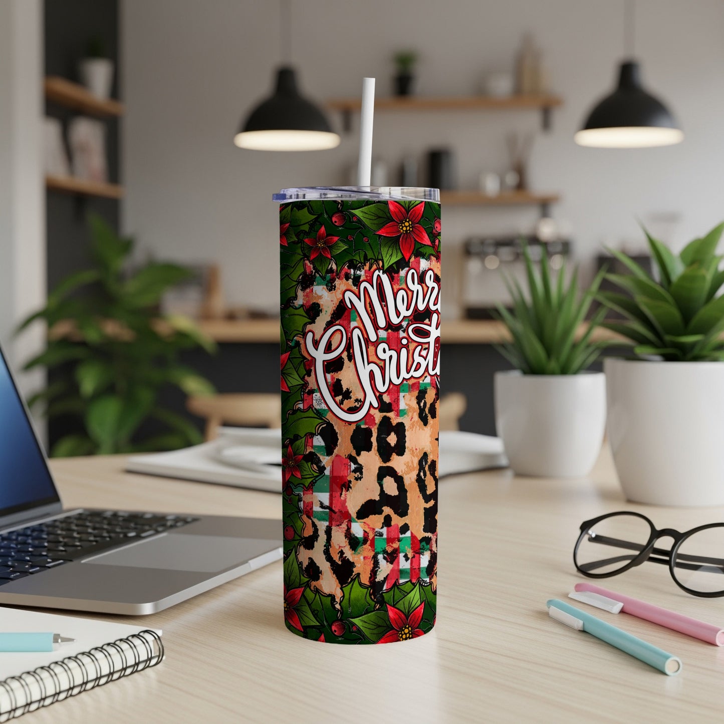 Christmas tumbler with leopard print, holly, and red flowers.