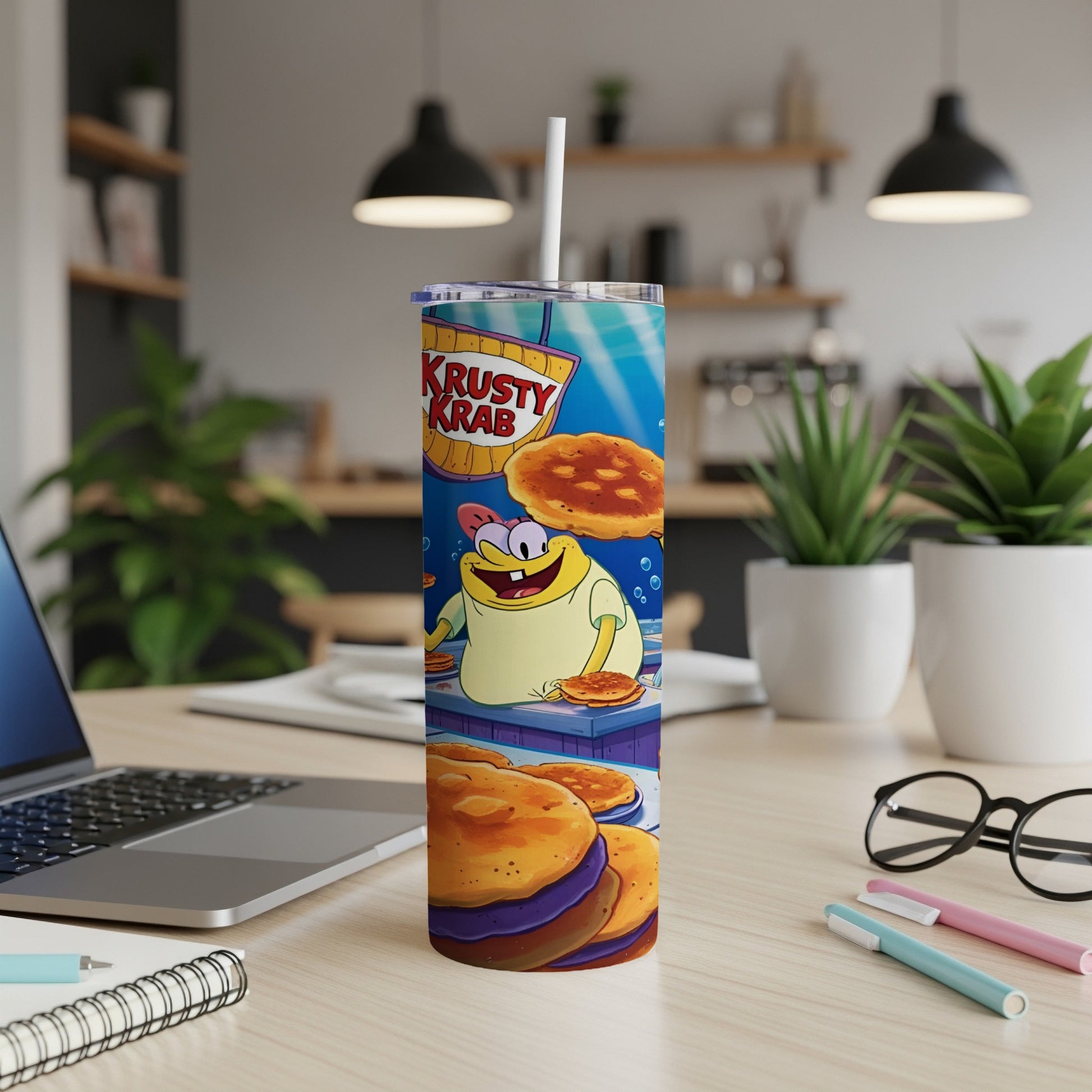 SpongeBob character holding Krabby Patties at Krusty Krab, on a tumbler.