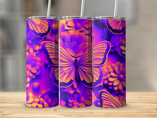 Purple and orange butterfly and floral pattern on three tumblers.
