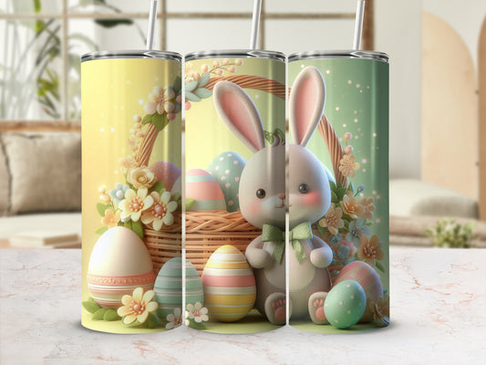 Easter bunny with eggs in a basket and floral decorations.