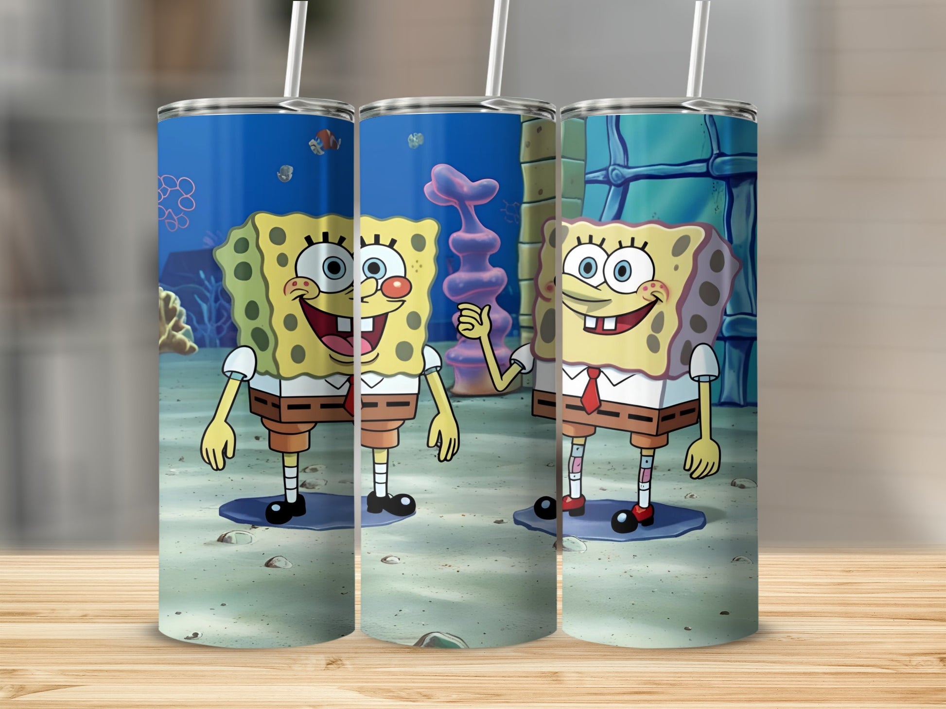 SpongeBob SquarePants with coral and bubbles on a beach background.