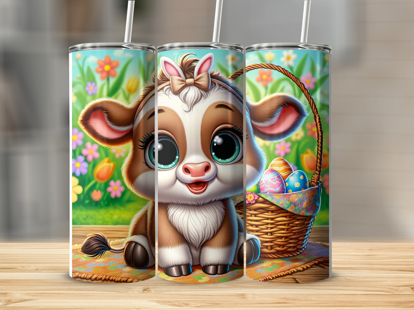 Cute cartoon calf with bunny ears and Easter eggs in a basket.