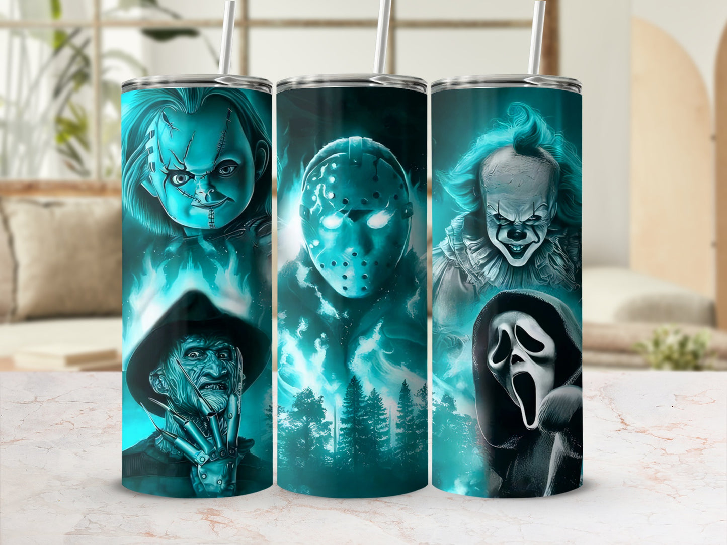 Tumblers with Chucky, Jason Voorhees, Freddy Krueger, Pennywise, and Ghostface horror characters.