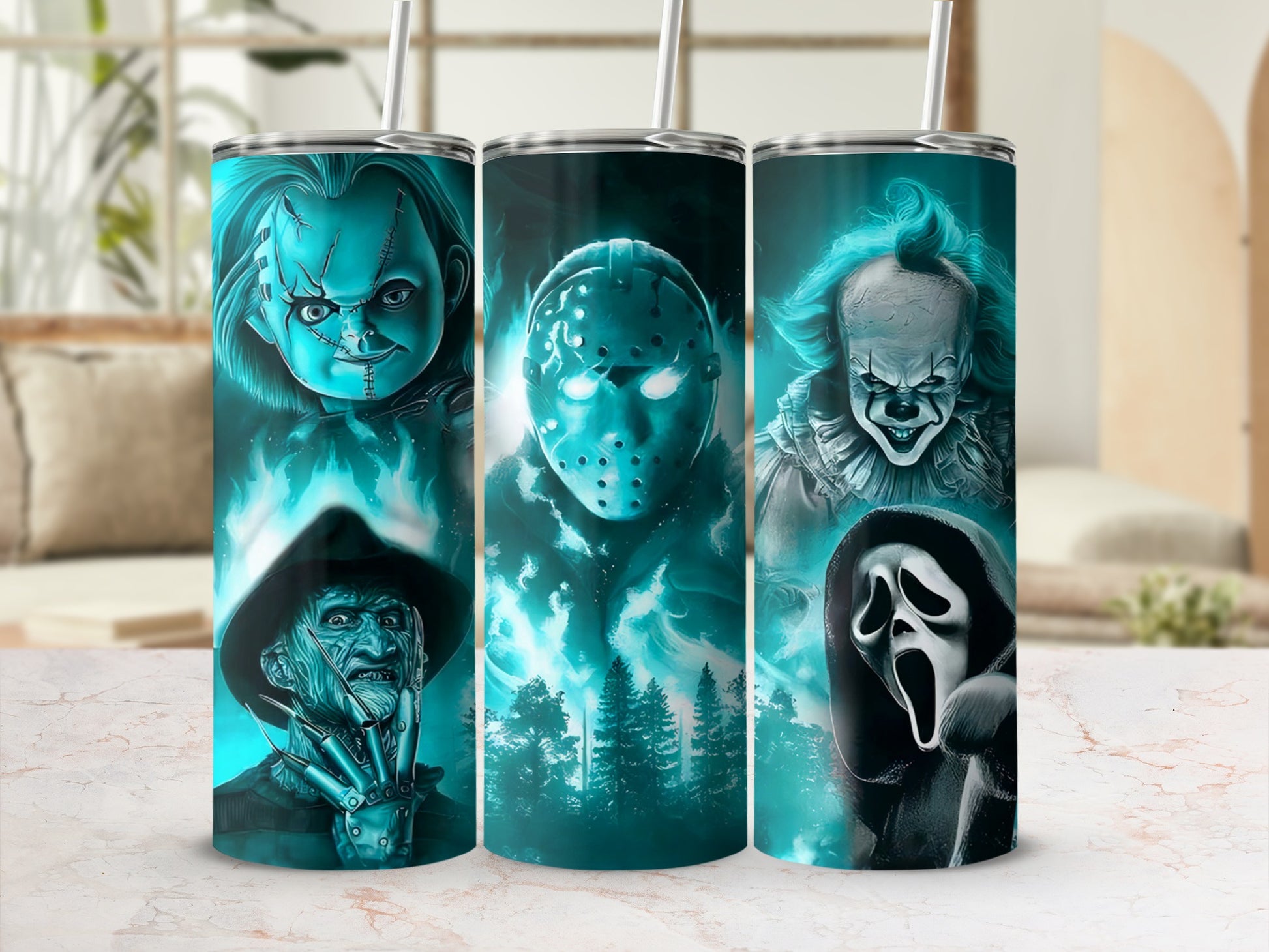 Tumblers with Chucky, Jason Voorhees, Freddy Krueger, Pennywise, and Ghostface horror characters.