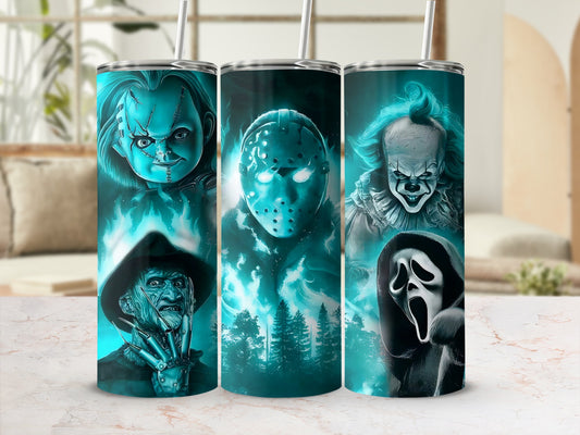 Tumblers with Chucky, Jason Voorhees, Freddy Krueger, Pennywise, and Ghostface horror characters.