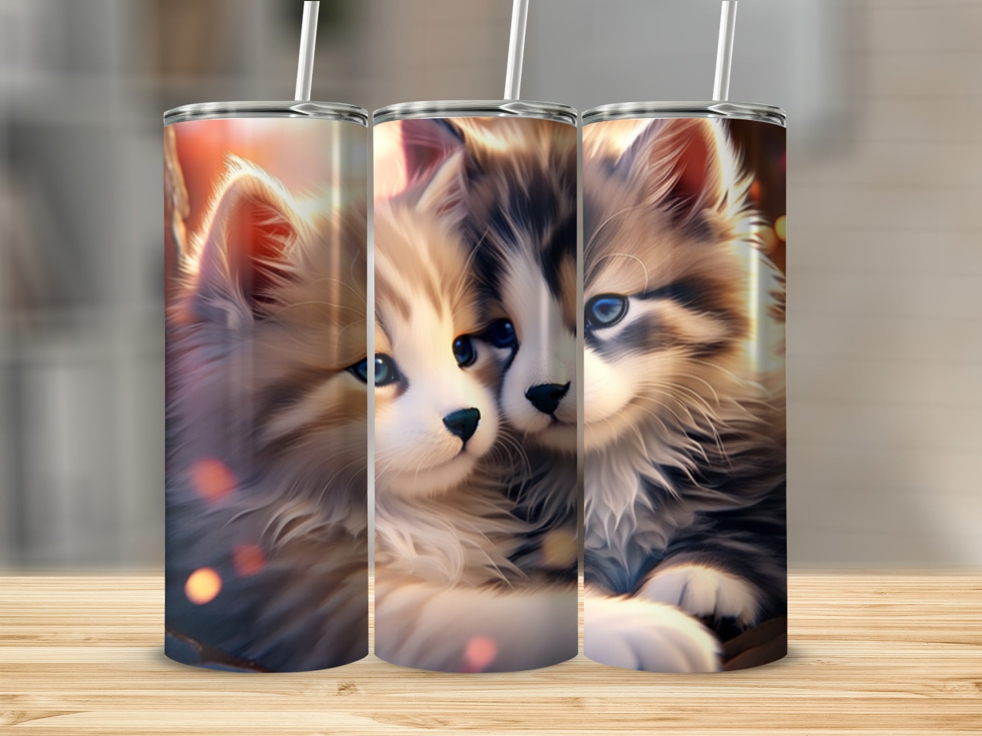 Three kittens with blue eyes and fluffy fur side by side.