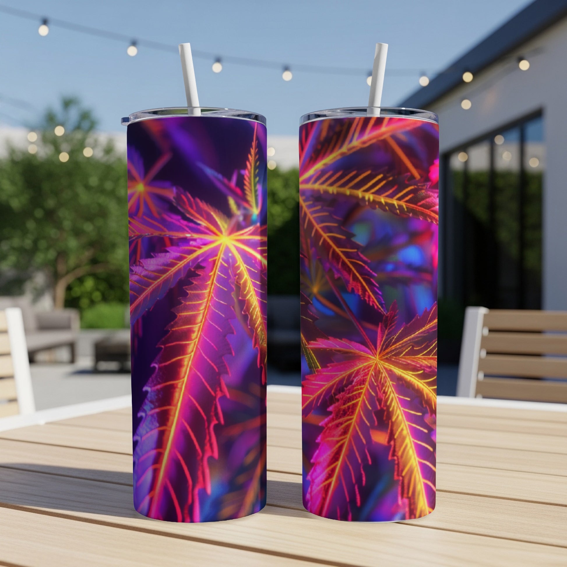 Two tumblers with neon cannabis leaf design on outdoor table.