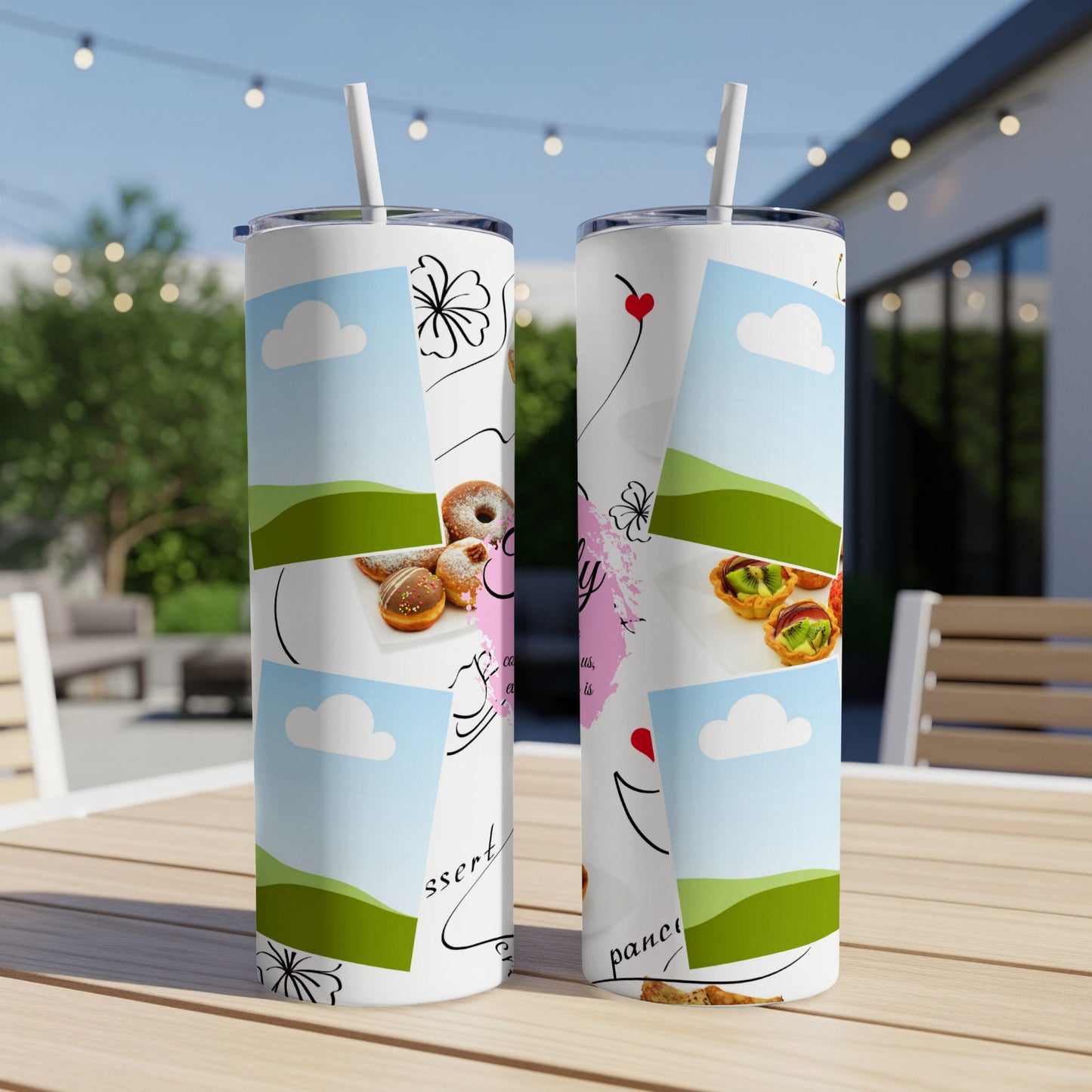 Two tumblers with a collage of desserts, clouds, and text on a table.