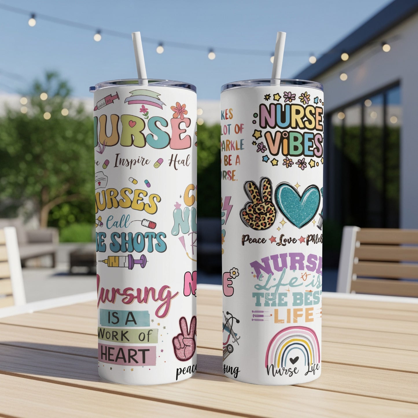 Two nurse-themed tumblers with colorful designs and text on a table.