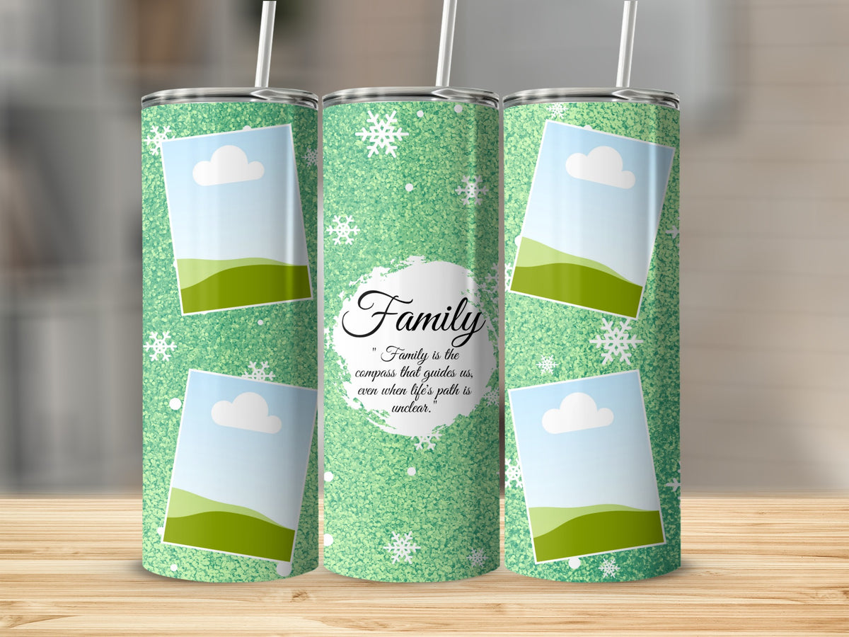 Green glitter tumbler with snowflakes and photos, featuring "Family" quote.