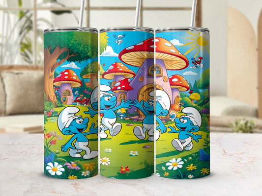 Smurfs characters playing in a village with mushroom houses.