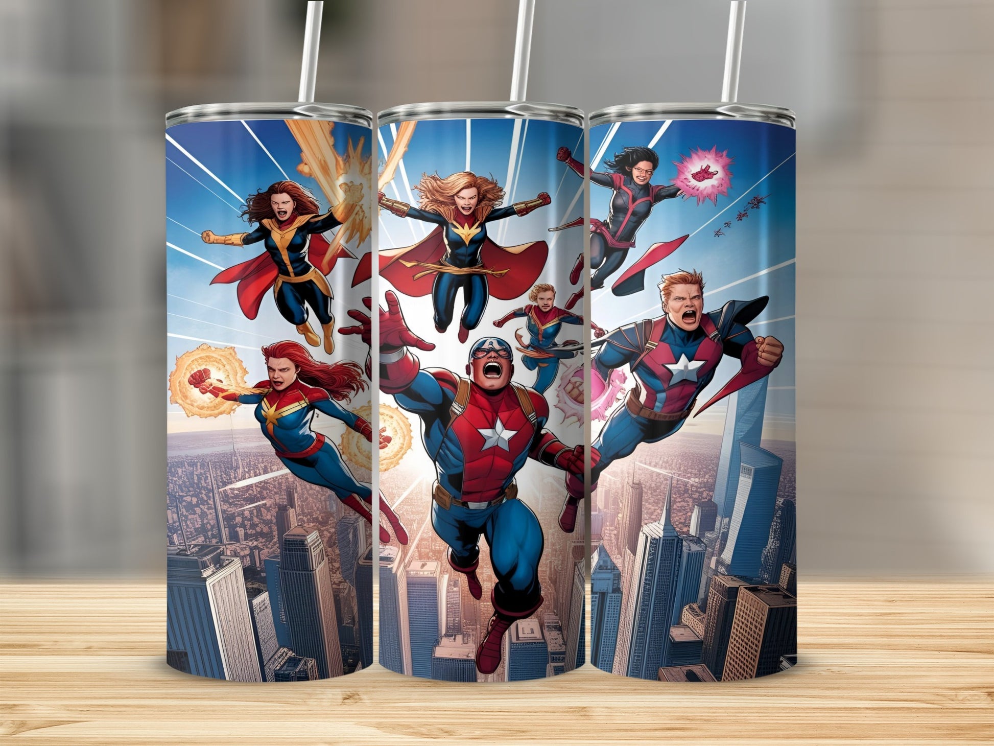 Marvel superheroes flying over a cityscape on three tumblers.