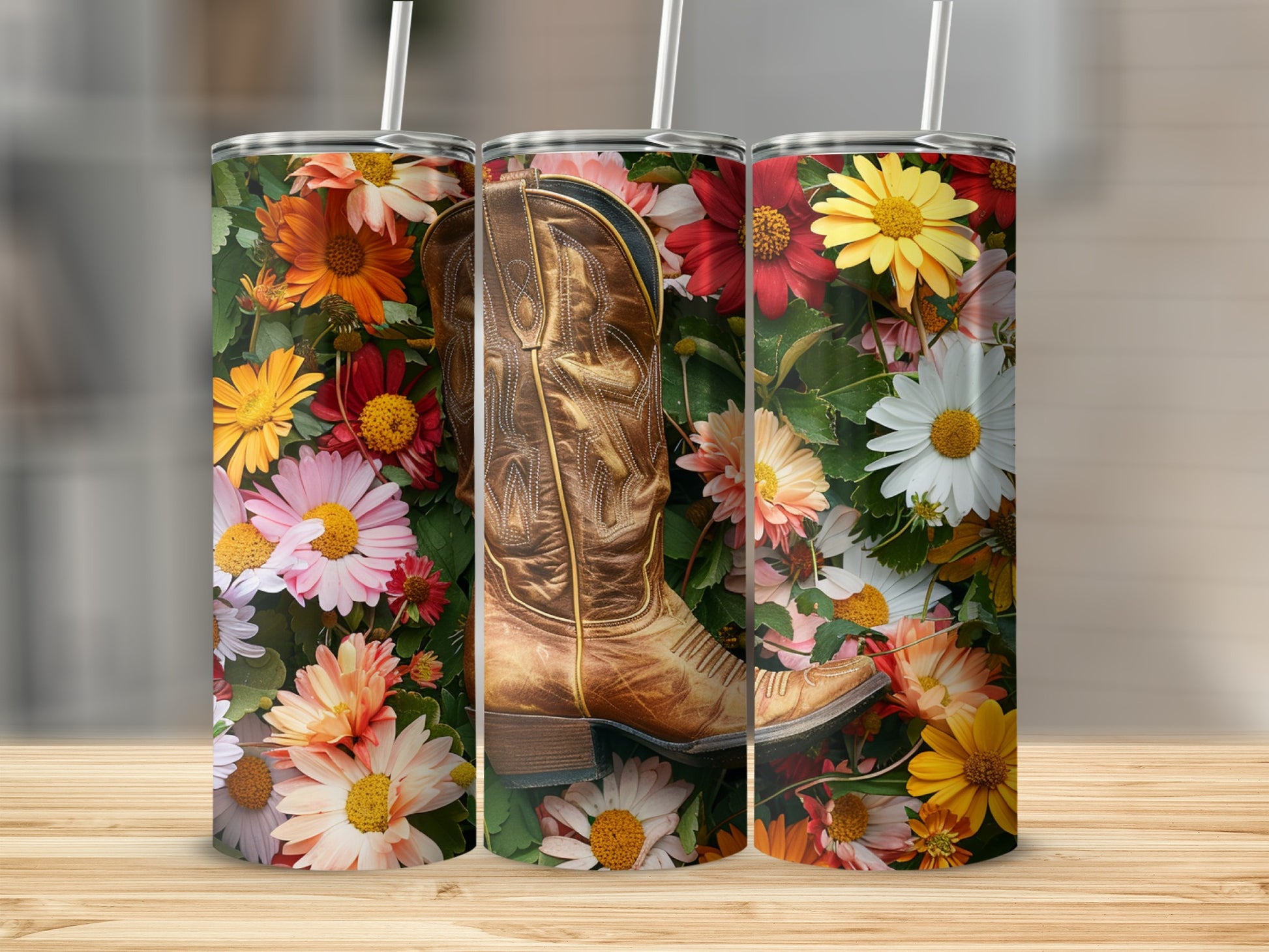 Cowboy boot with floral pattern on tumbler.