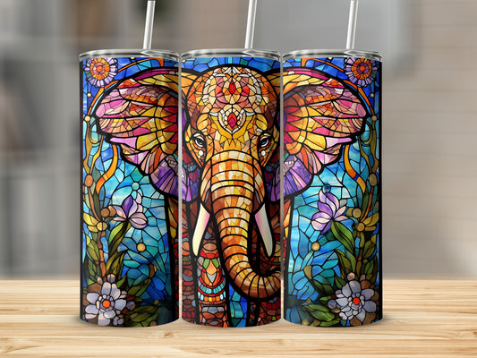 Triptych of a stained-glass elephant with floral accents.