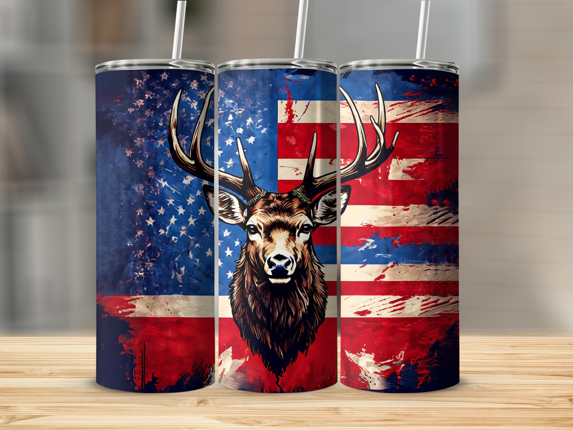 Three tumblers featuring a deer head against a distressed American flag background.