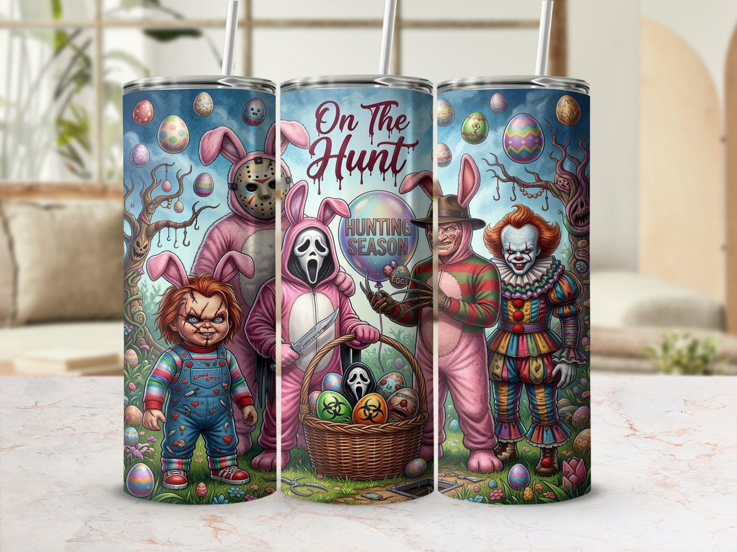 Horror characters in bunny suits hunt for Easter eggs in a whimsical scene.
