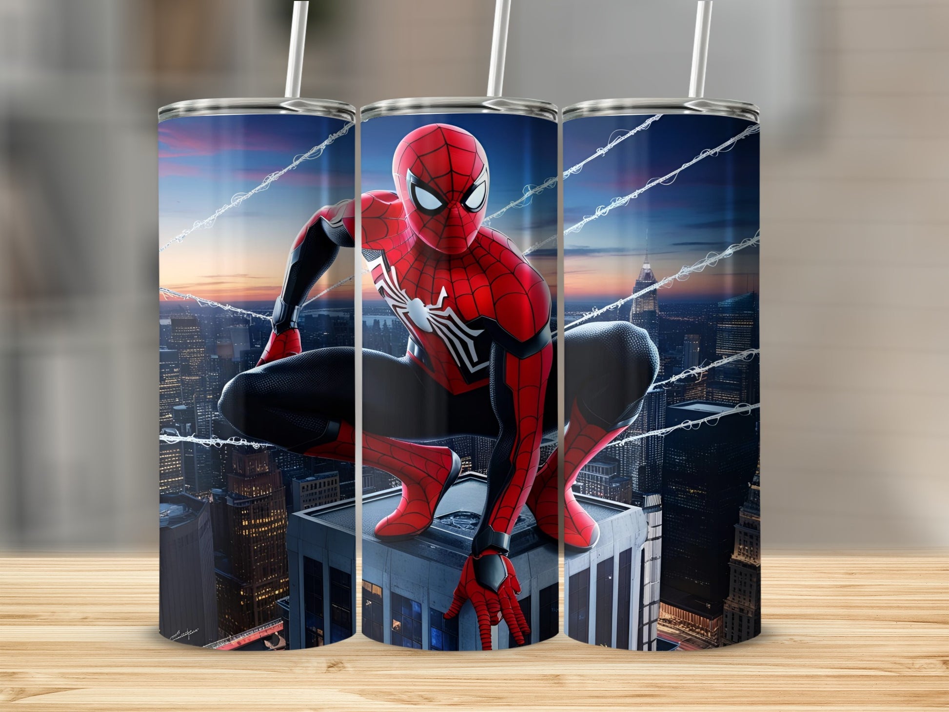 Spiderman crouching on a building in a city at dusk.