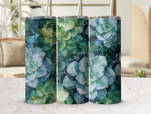 Three tumblers with watercolor succulent floral patterns.