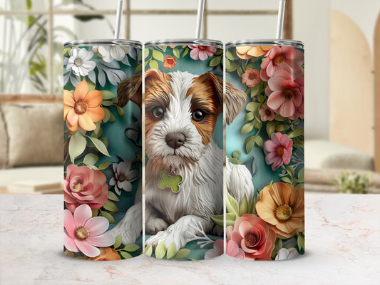 Dog with flowers on tumbler.