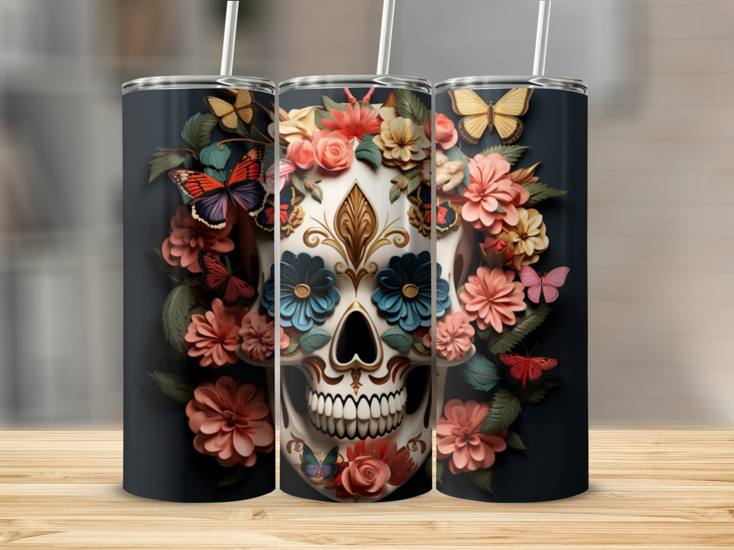 Floral Skull and Butterflies Design Tumbler