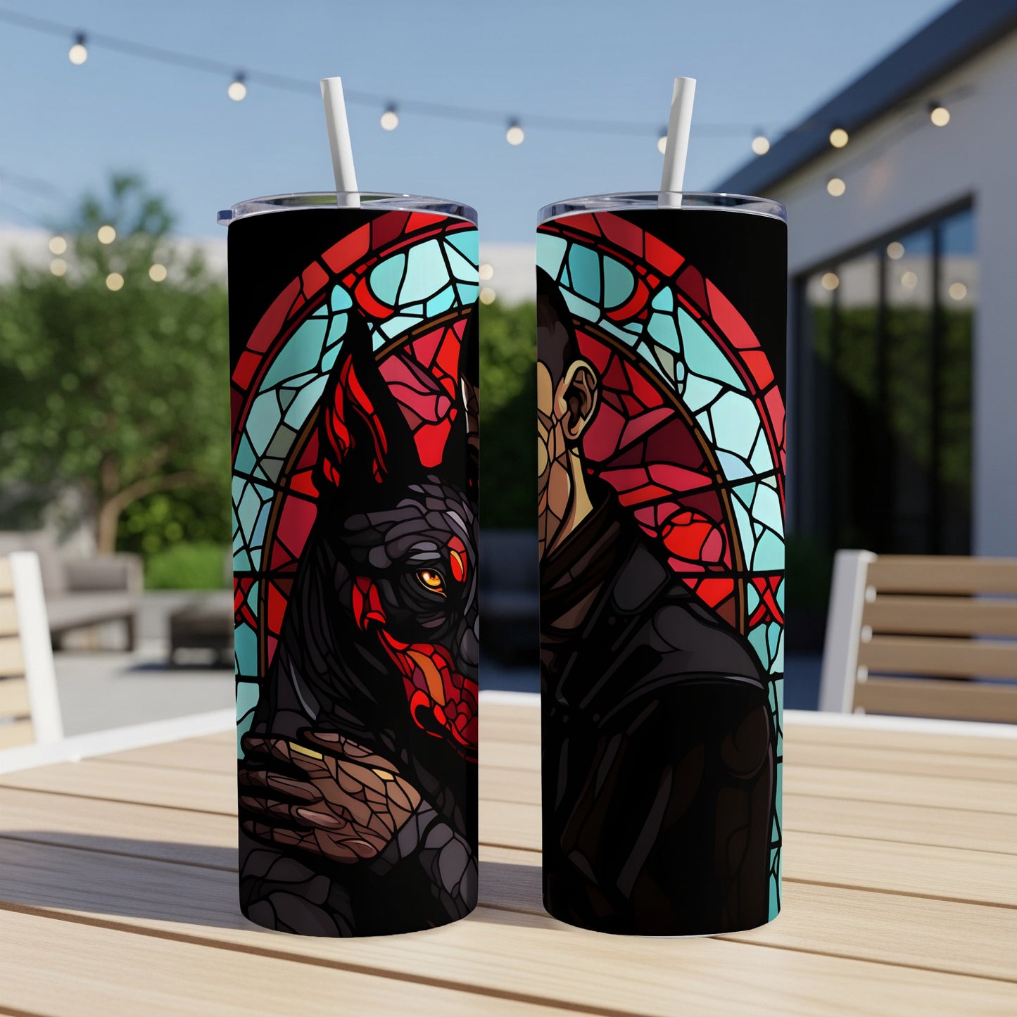 Two tumblers featuring stained-glass art of a wolf and a man.