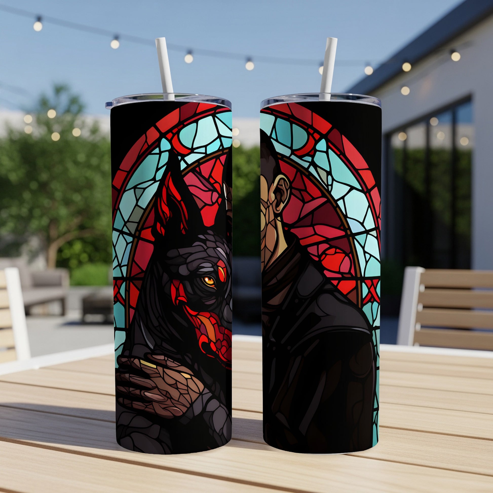 Two tumblers featuring stained-glass art of a wolf and a man.