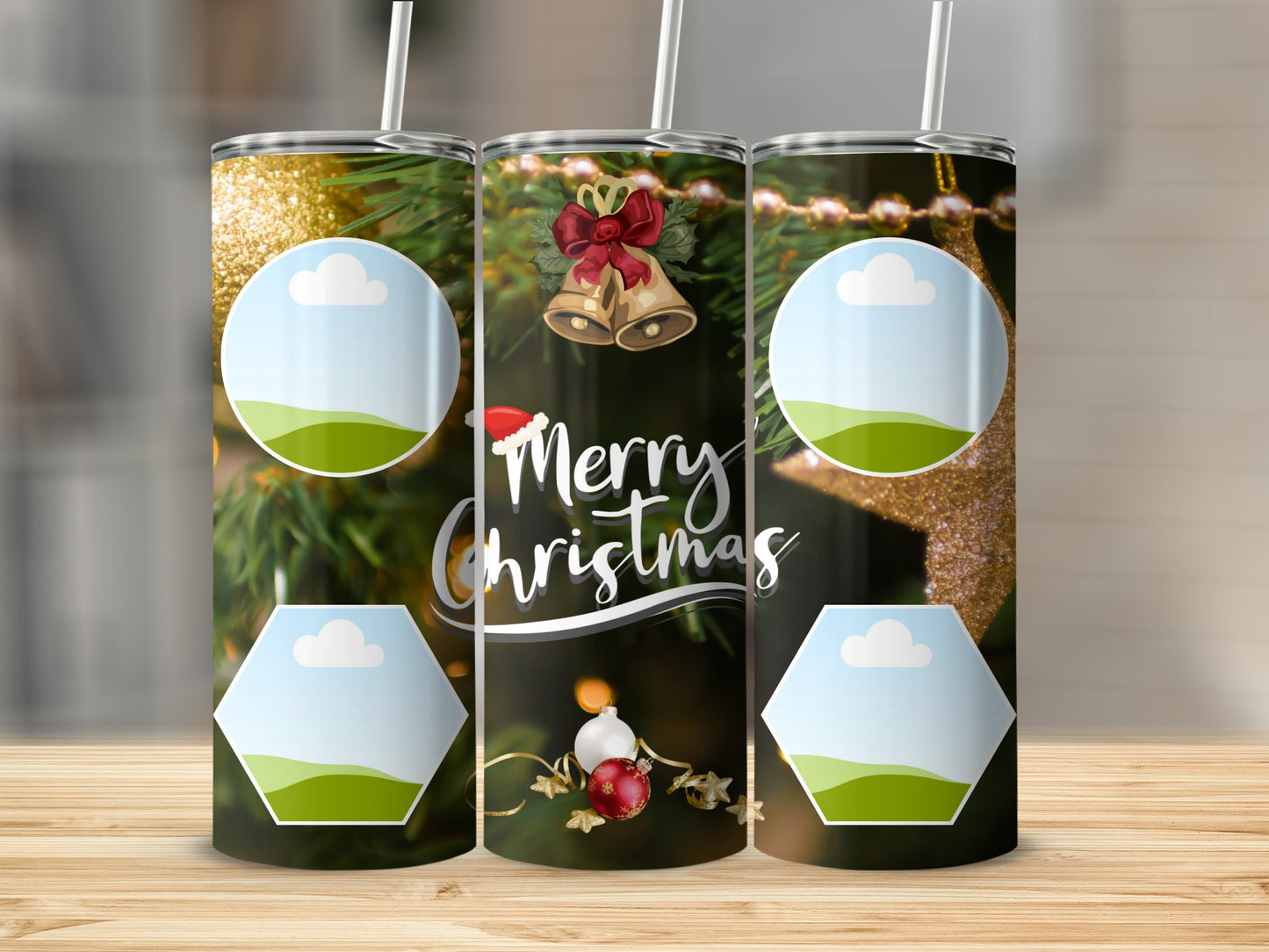 Three tumblers with Christmas design featuring bells and "Merry Christmas" text.
