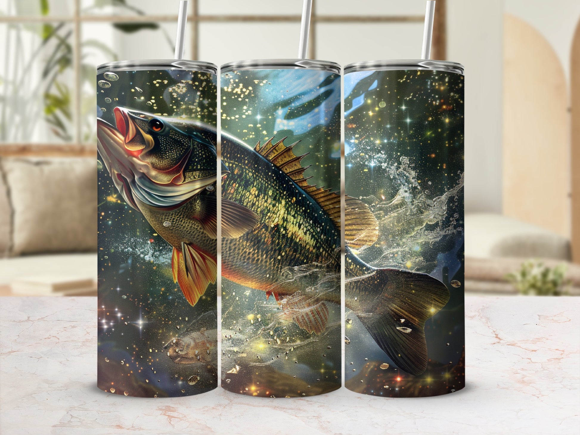 Largemouth bass jumping out of water with sparkling starry background.