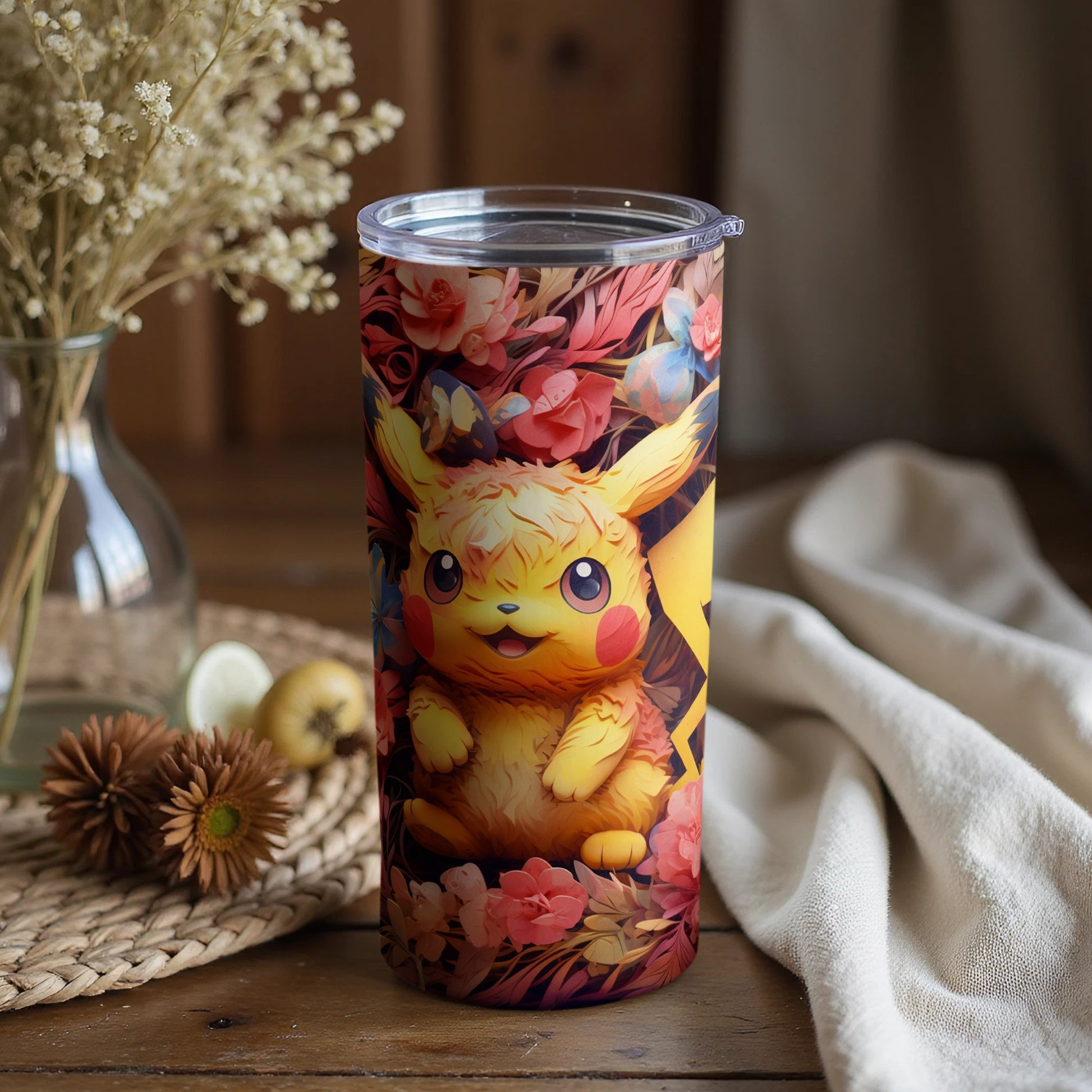 Cute Pikachu Floral Art Tumbler for Coffee Lovers