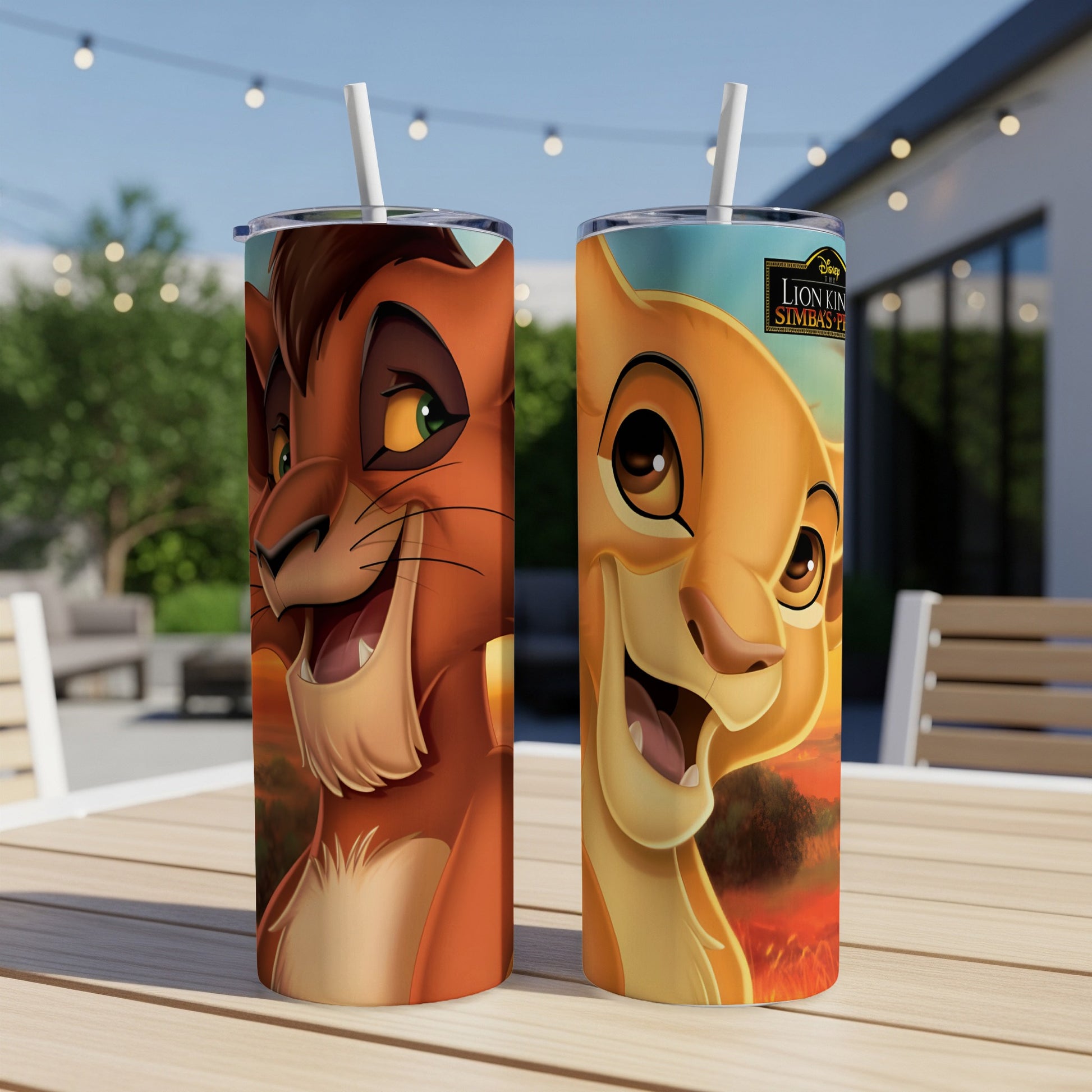 The Lion King Simba and Scar tumbler with straw, outdoors.