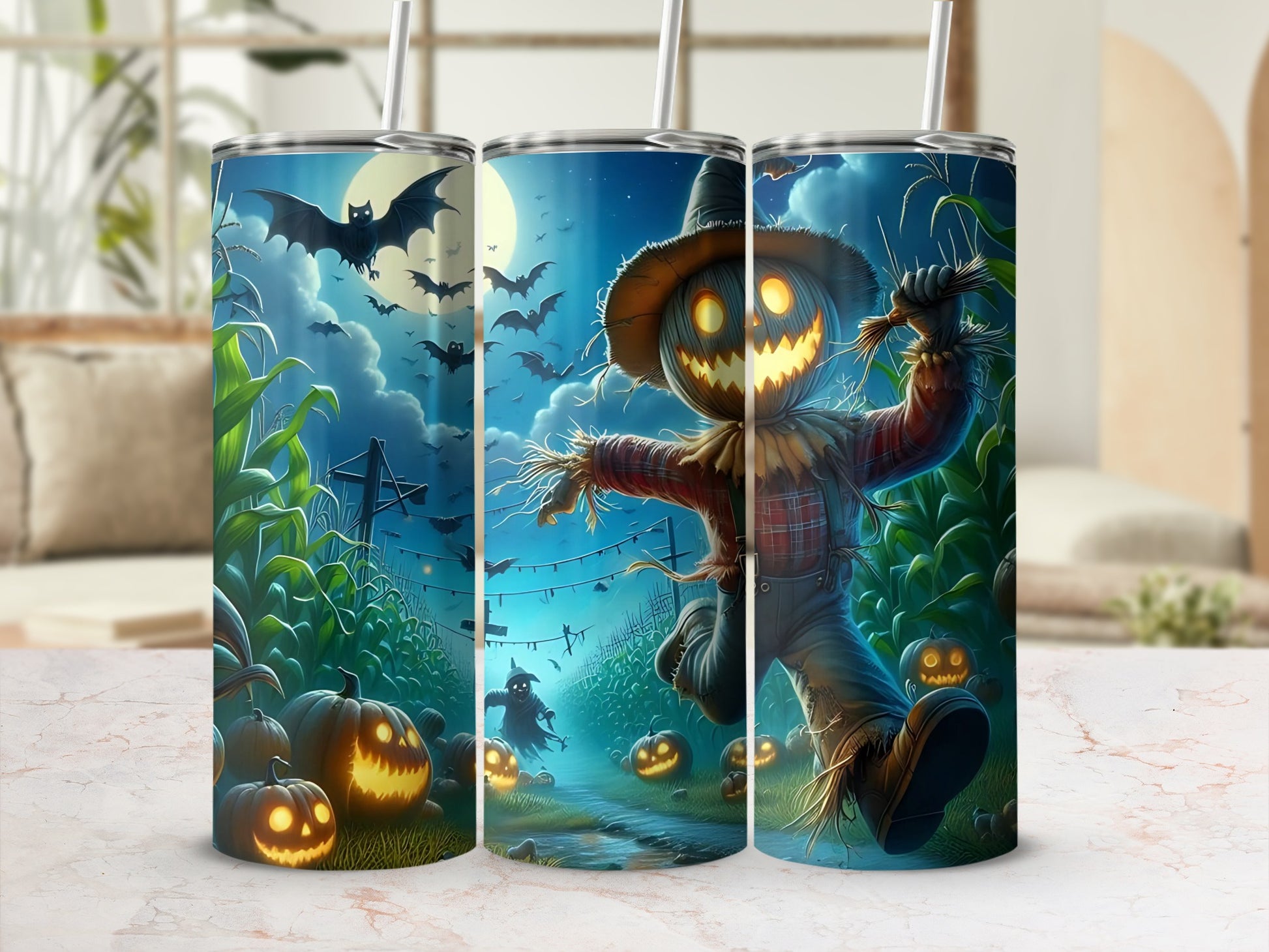 Halloween themed tumbler with scarecrow, bats, pumpkins, and corn stalks.