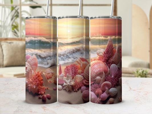 Three tumblers with a beach scene and seashells design.