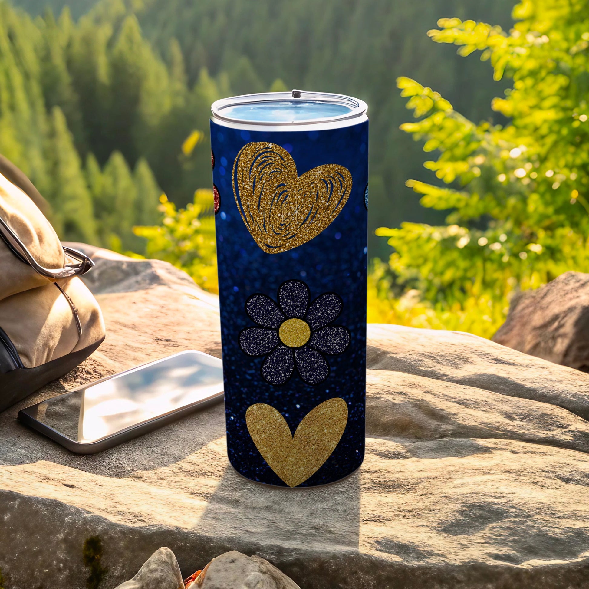 Sparkling Hearts and Flower Design Outdoor Tumbler