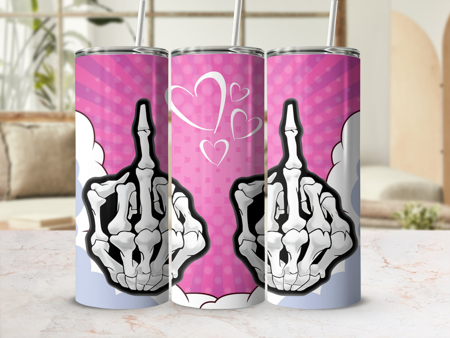 Skeleton Hand with Hearts Middle Finger Tumbler Cup
