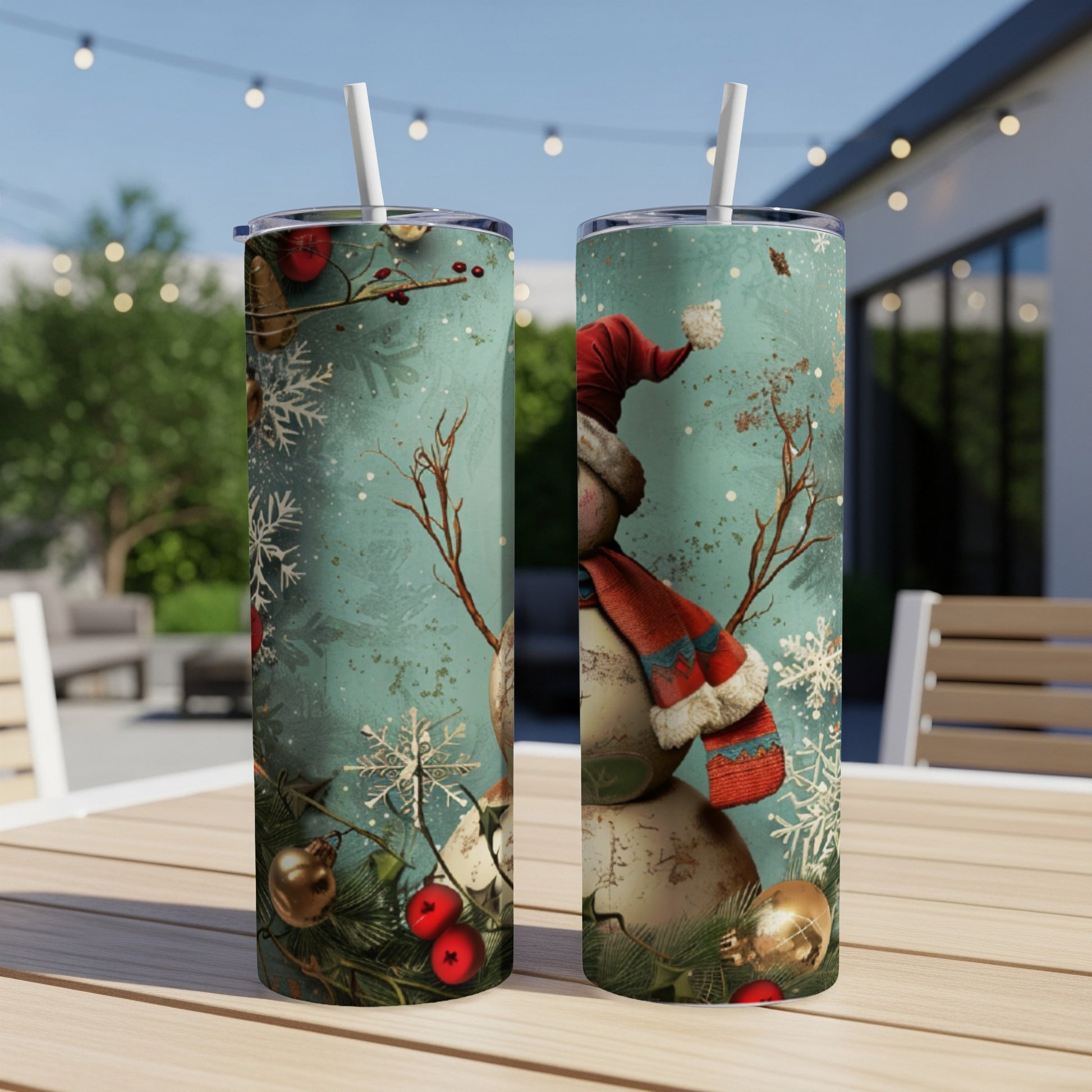 Two tumblers with a distressed snowman design, featuring a red hat and scarf.