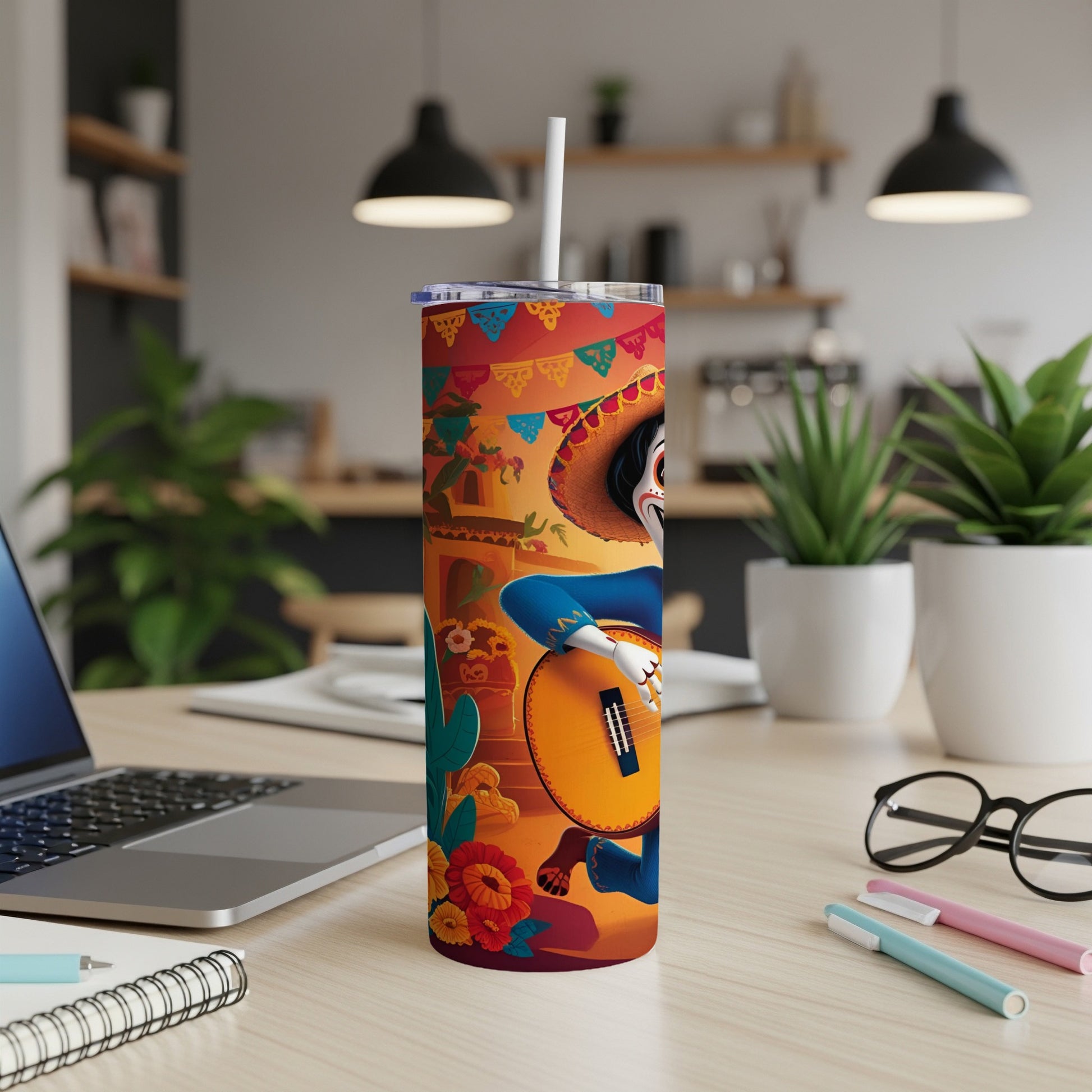 Day of the Dead themed tumbler with skull character playing guitar.