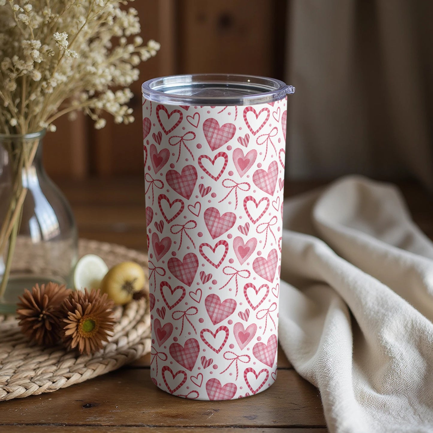 Pink Hearts Patterned Insulated Tumbler for Daily Use