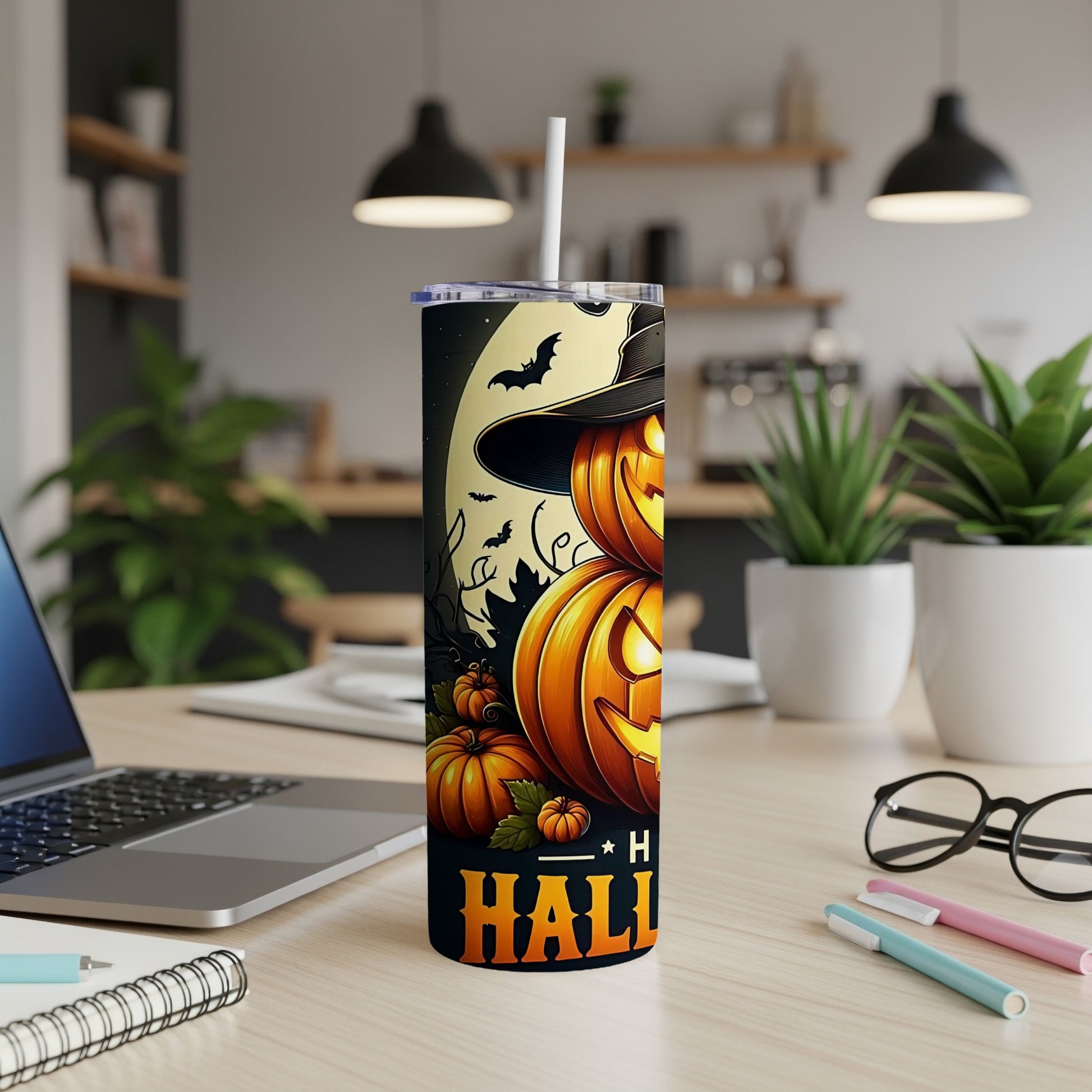 Halloween tumbler with jack-o'-lanterns, witch hat, bats, and text "Happy Halloween".
