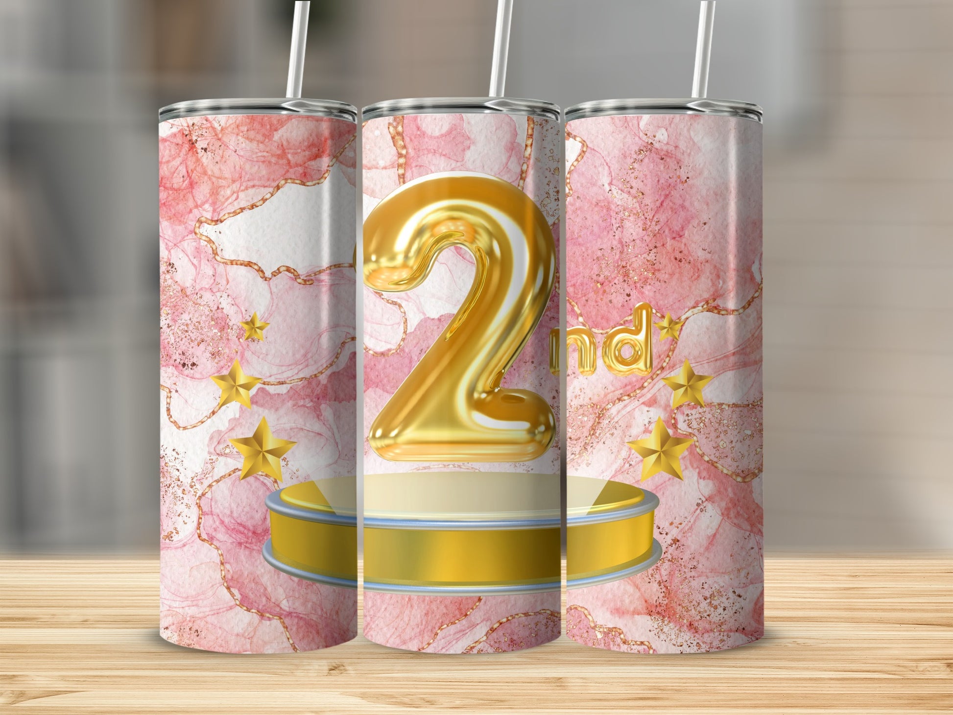 Gold 2nd with stars on a pink marble background tumbler.