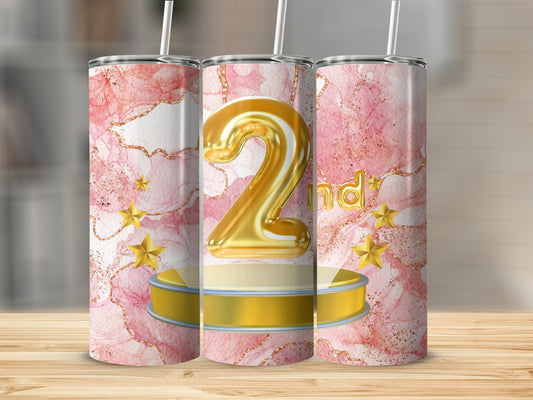 Gold 2nd with stars on a pink marble background tumbler.