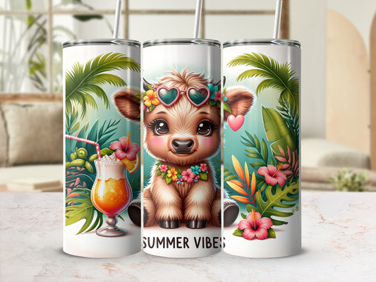 Cute cartoon calf with sunglasses and flowers on a tropical background.