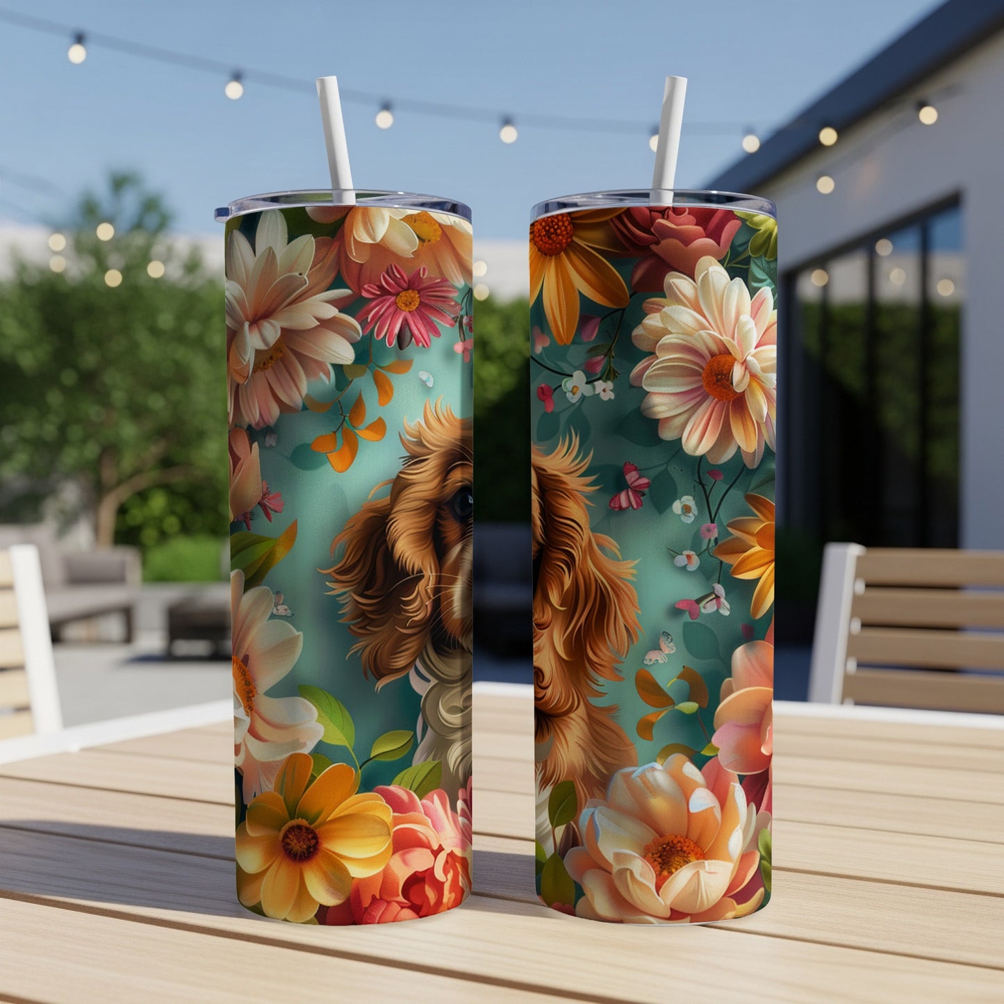 Two tumblers featuring a dog portrait surrounded by colorful flowers.