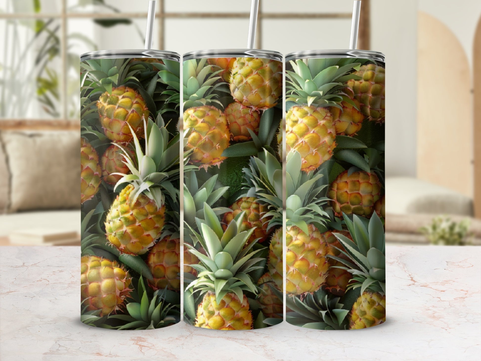 Realistic pineapple pattern on a white tumbler with a straw.