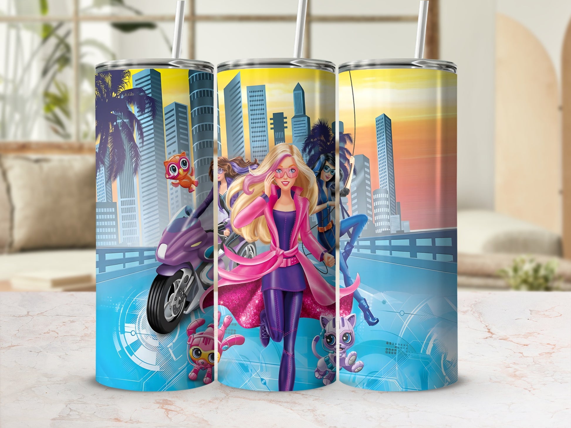 Barbie and friends riding motorcycles through a city skyline.