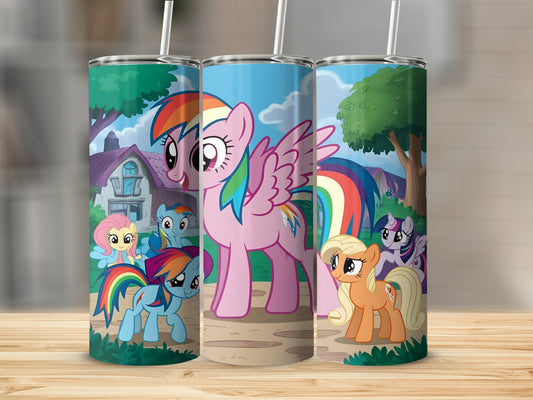 My Little Pony characters Rainbow Dash and Fluttershy on a colorful tumbler design.
