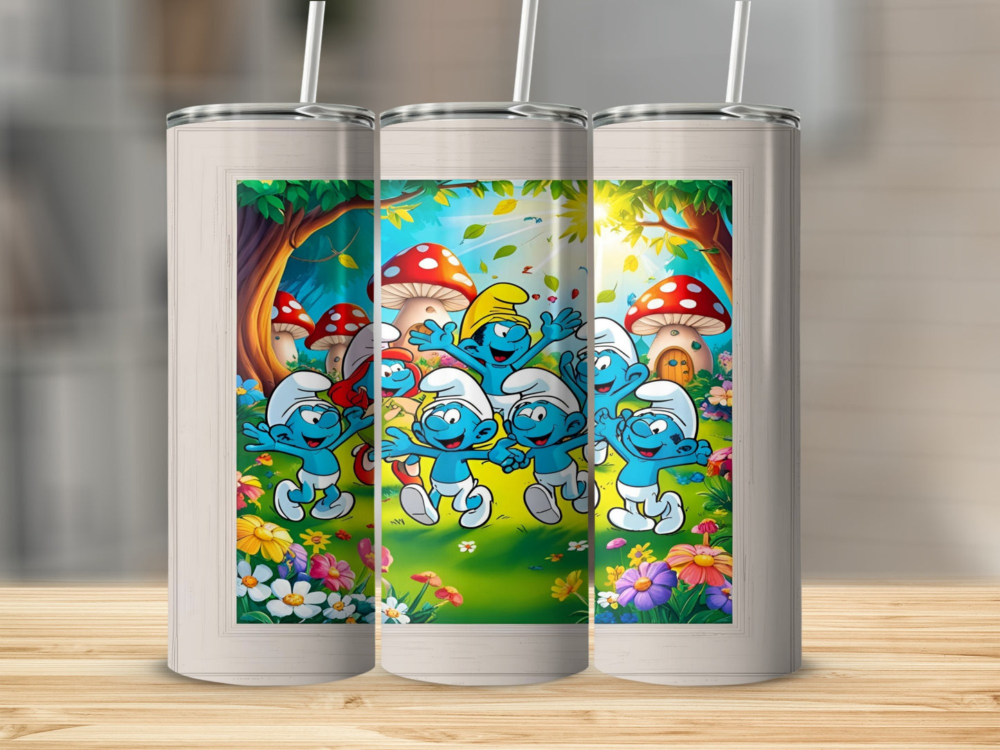 Smurfs dancing in a field with mushrooms and flowers.