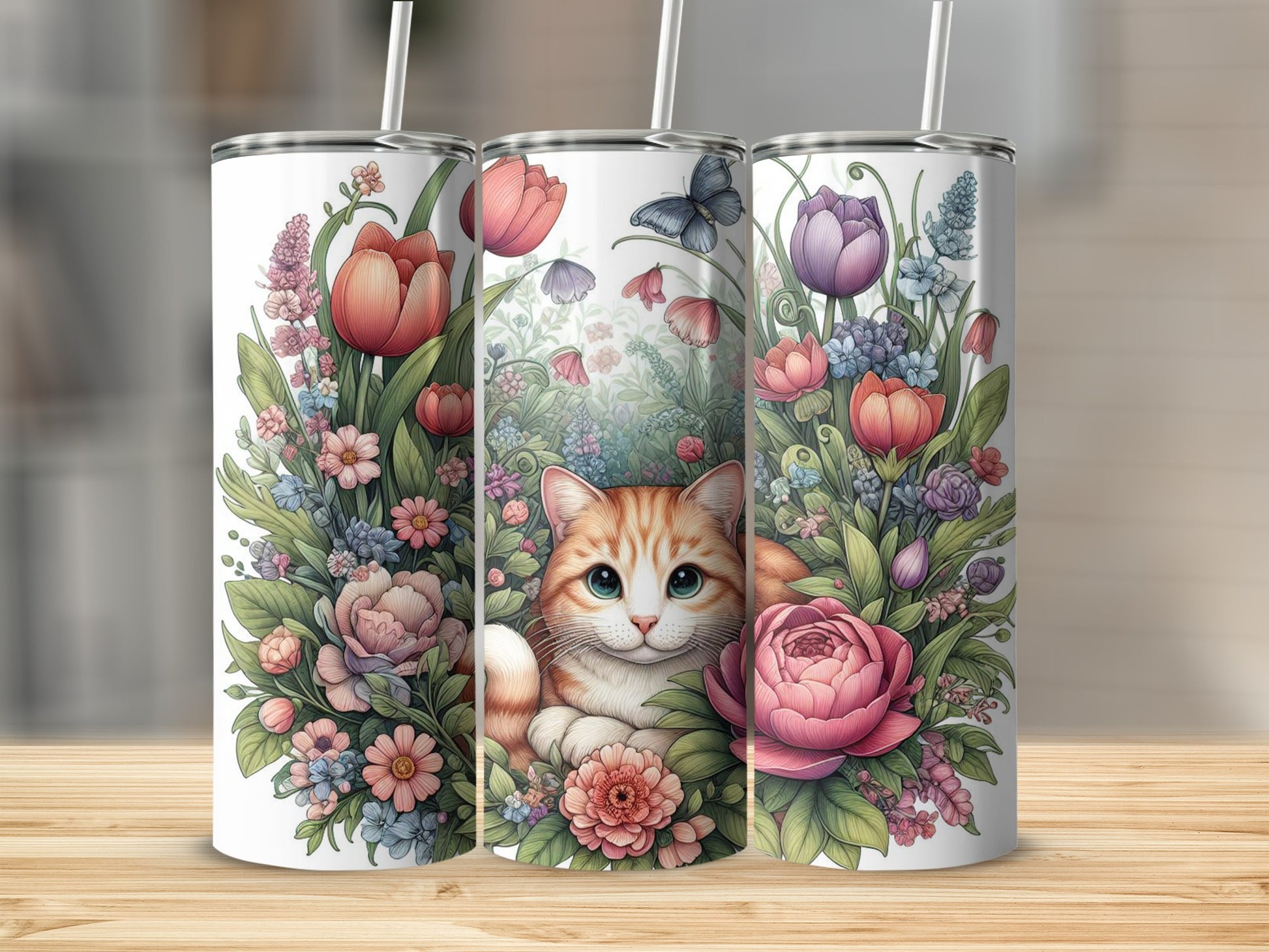 Orange tabby cat surrounded by colorful flowers and butterflies on a white tumbler.
