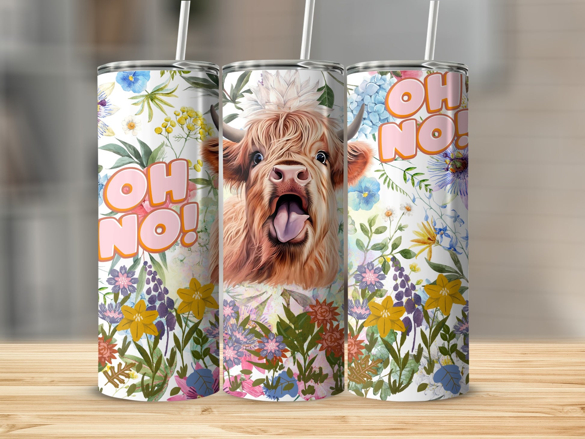 Floral Highland Cow Oh No Design Tumbler Cup